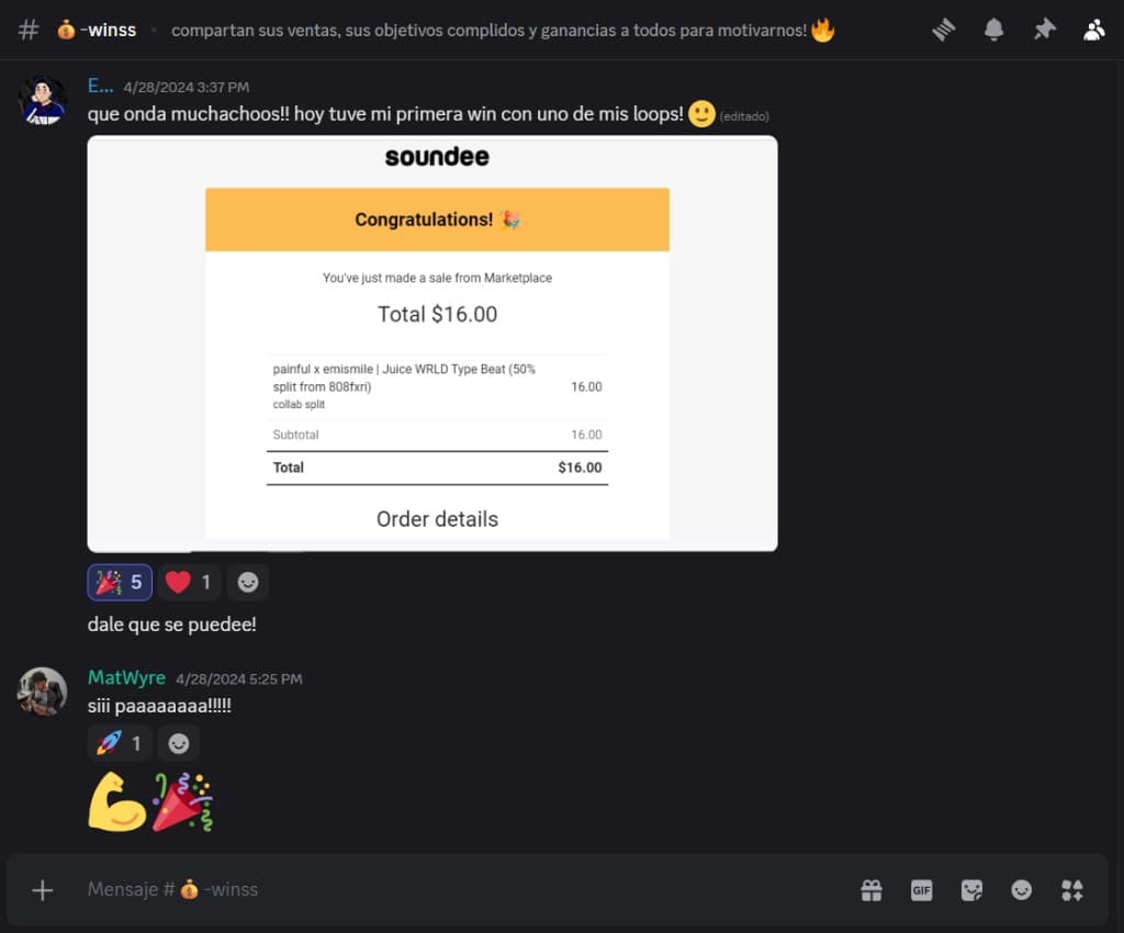 Captura de Discord con primera venta de alumno en marketplace por colaboracion