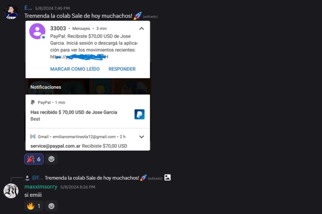 Captura de Discord con notificaciones de cobro en PayPal por venta colaborativa