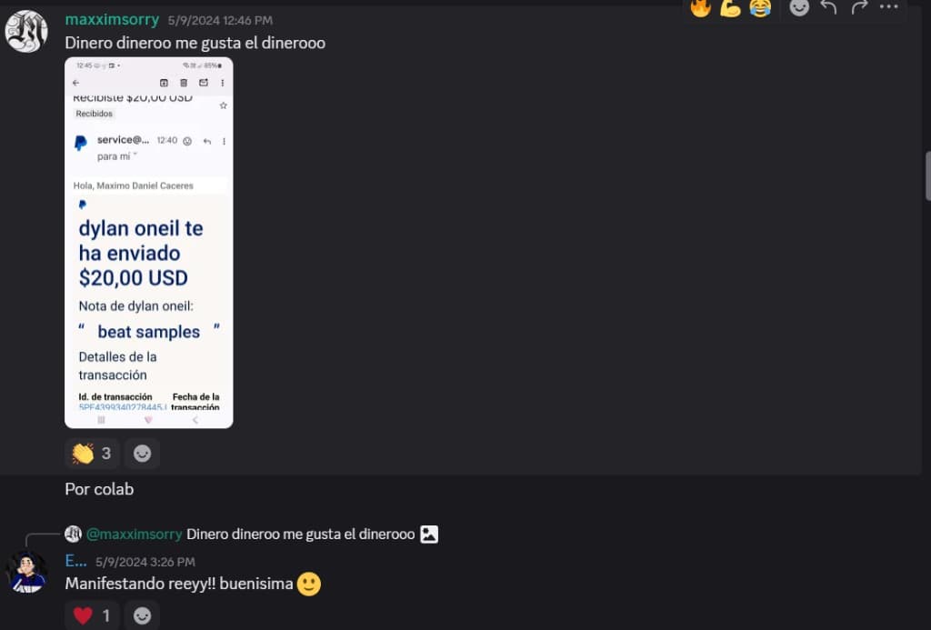 Captura de Discord con comprobante de pago de veinte dolares por beat sample
