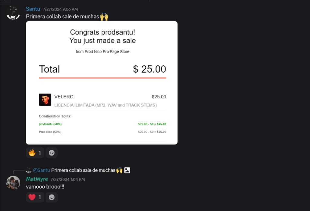 Captura de Discord con venta en BeatStars por veinticinco dolares