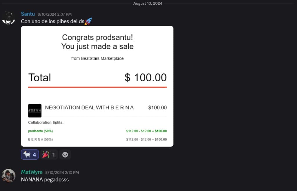 Captura de Discord con segunda venta en BeatStars por cien dolares