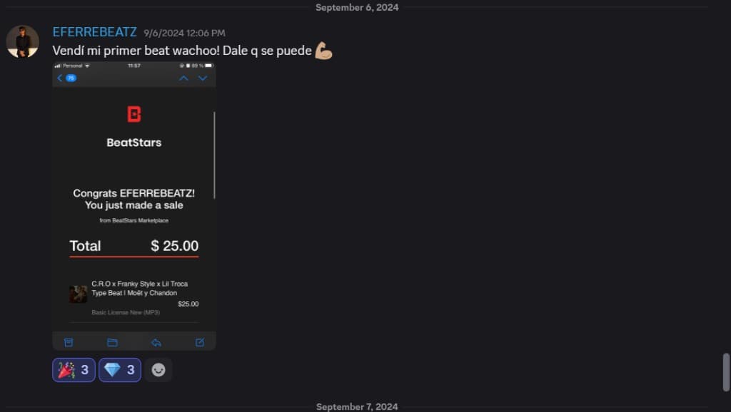 Captura de Discord con primera venta de alumno en BeatStars por veinticinco dolares