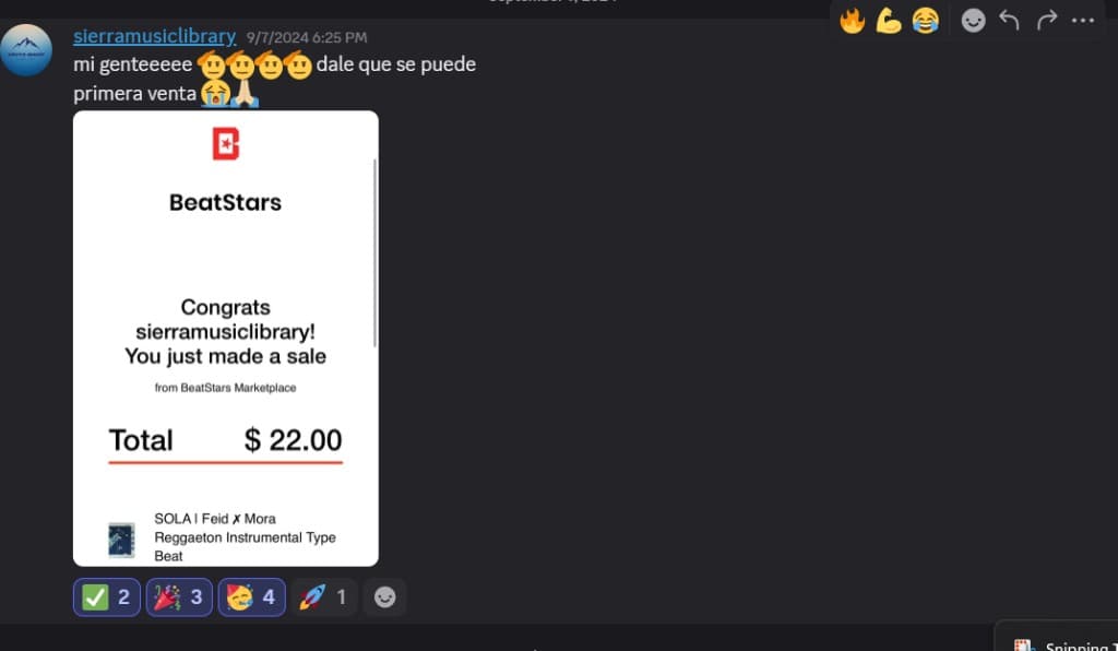 Captura de Discord con primera venta de alumno en BeatStars por veintidos dolares