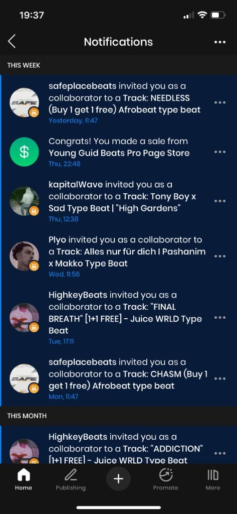 Captura de notificaciones BeatStars con invitaciones a colaboraciones y ventas