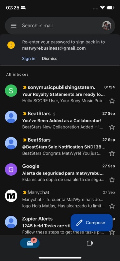 Captura de Gmail con avisos de colaboracion y notificaciones de venta en BeatStars
