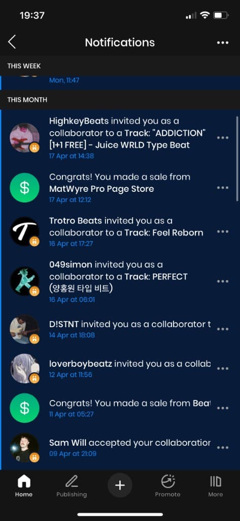 Captura de feed de notificaciones BeatStars con multiples invitaciones a tracks