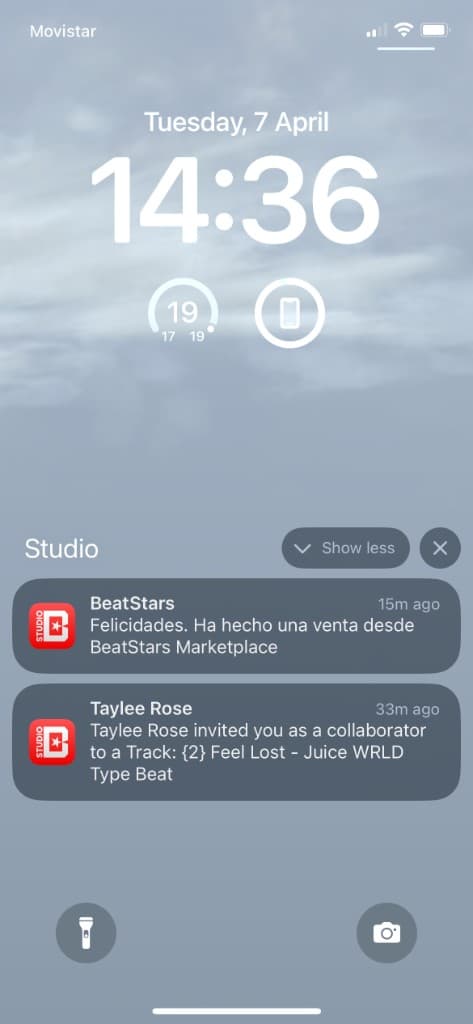 Pantalla de bloqueo con venta confirmada en BeatStars Marketplace y nueva colaboracion